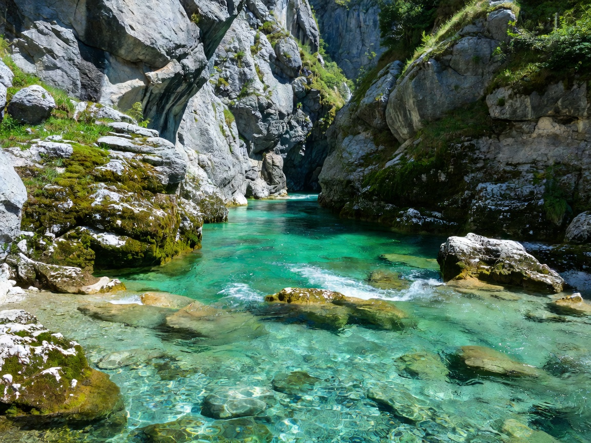 Crystal clear turquoise waters of the Soca Emerald River flowing through rocky gorges
