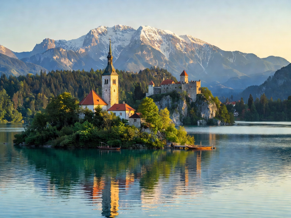 Lake Bled Island Church and Castle surrounded by Alpine peaks in Slovenia