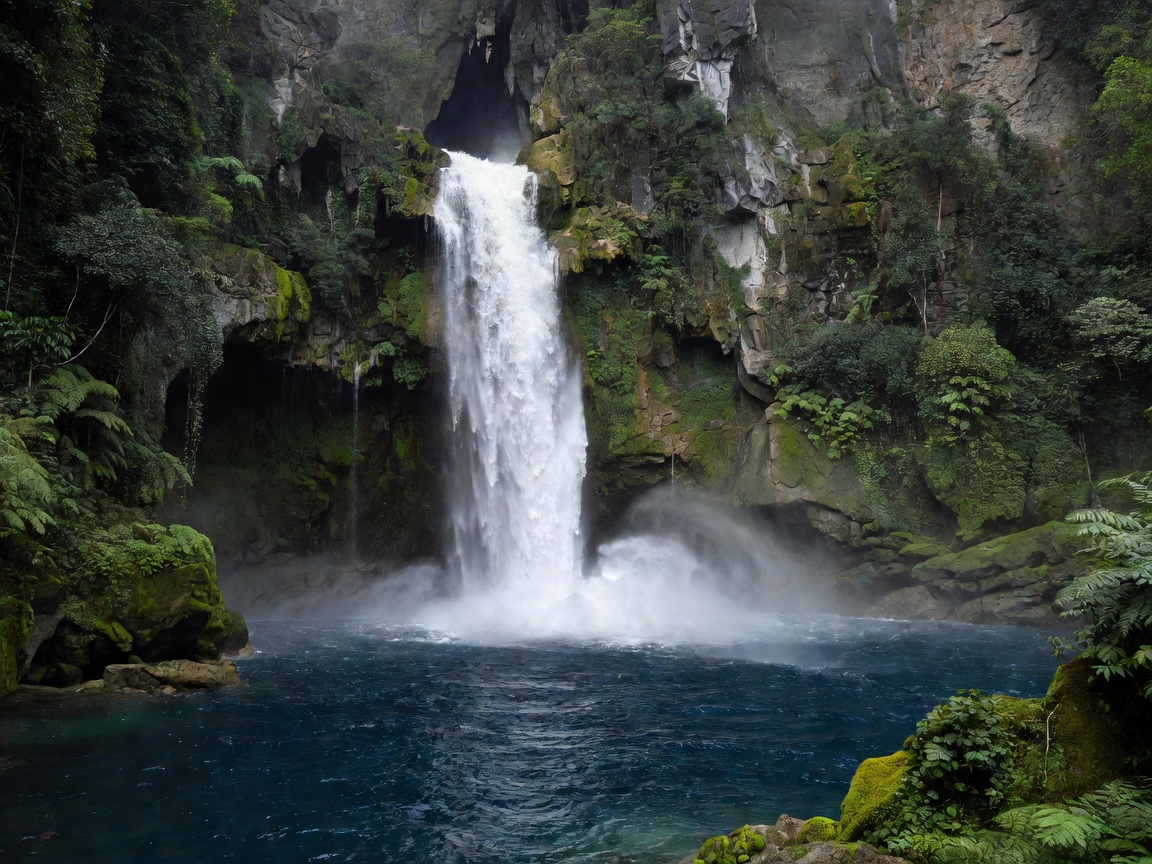 Massive cascading waterfall pouring from karst limestone cave into a deep blue plunge pool