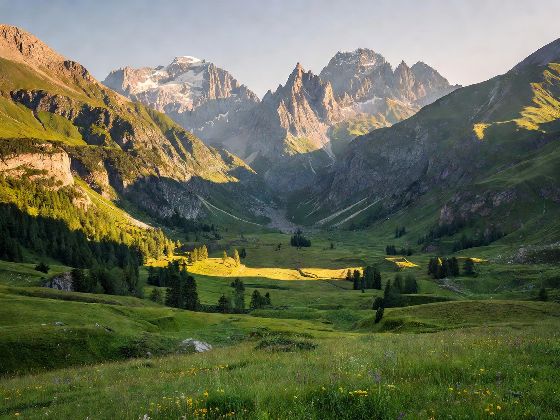 Picturesque U-shaped glacial Logar Valley with green meadows and sharp alpine peaks