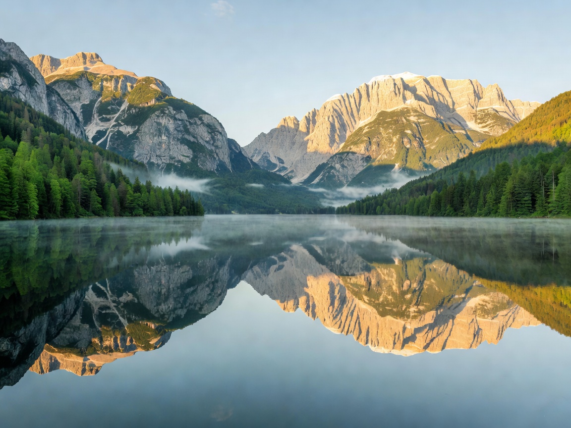 Serene view over Lake Bohinj reflecting the surrounding mountains of Triglav National Park